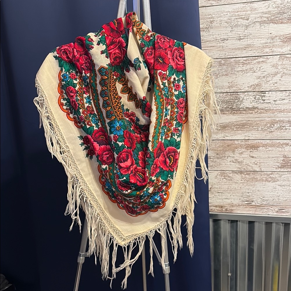 Floral Embroidered Shawl with Fringe